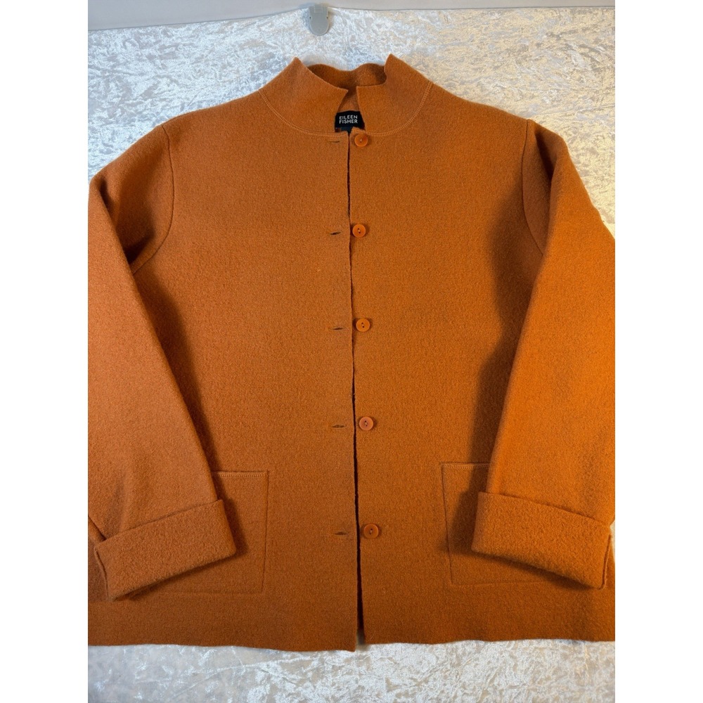 Eileen Fisher Women's M 100% Wool Cardigan Sweater Orange Button Front Pockets
